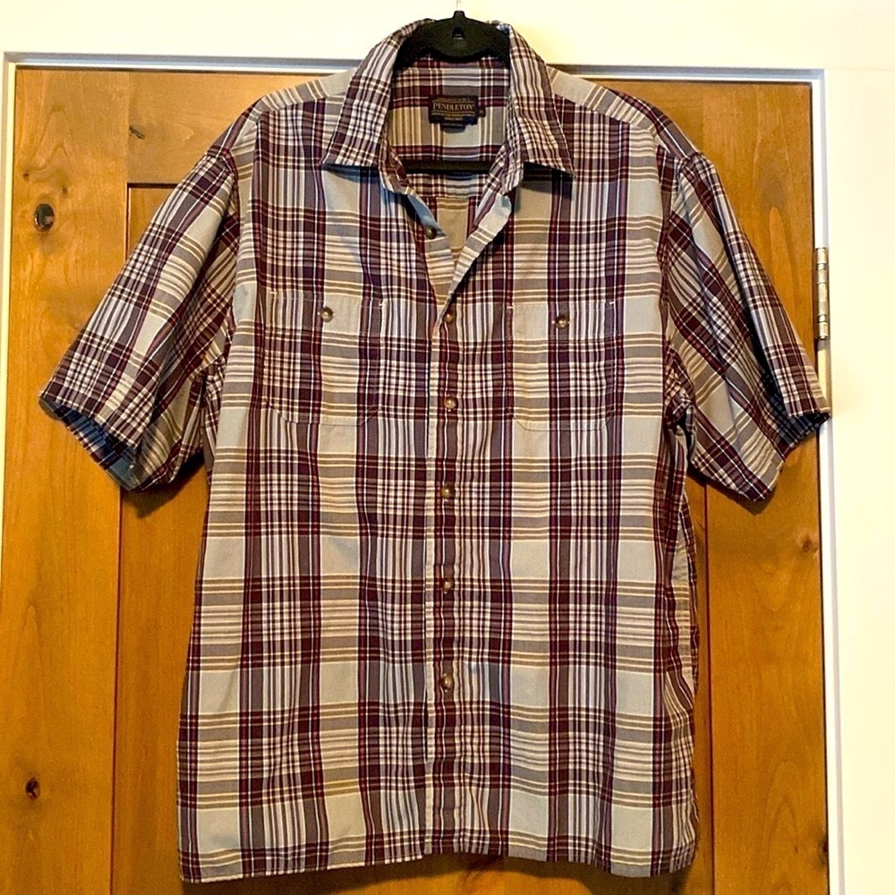 Pendelton Mens XL button down shirt short sleeve Madrigal plaid Cotton blend